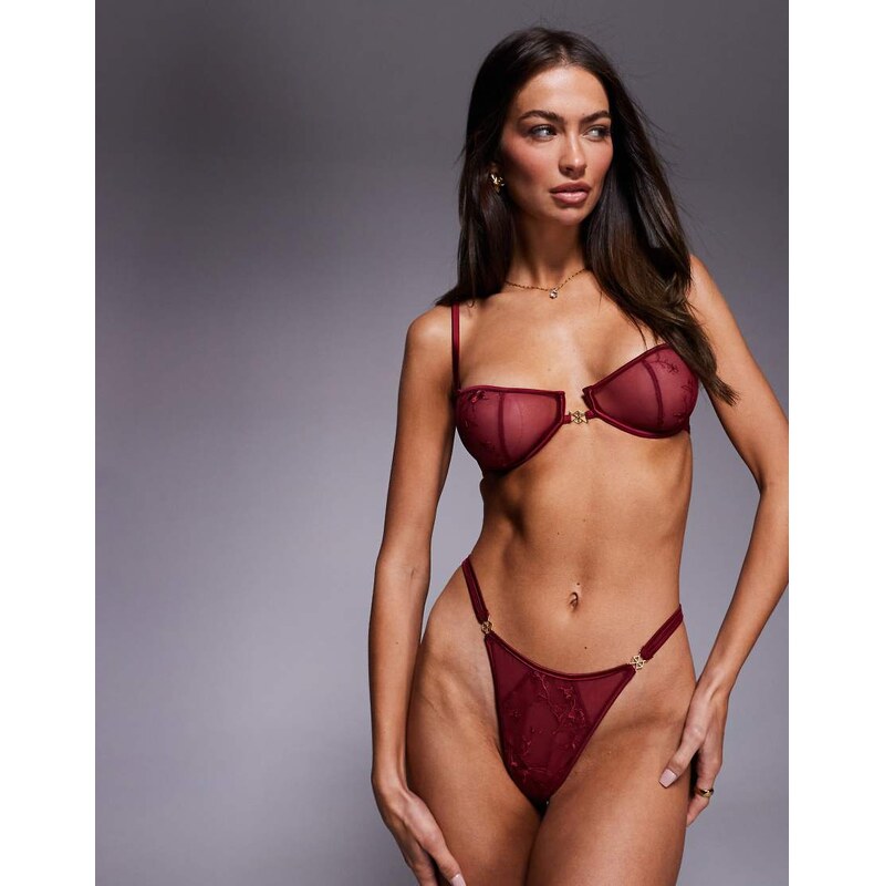 ASOS DESIGN Birdie lace & mesh tanga thong with satin binding and 115514722