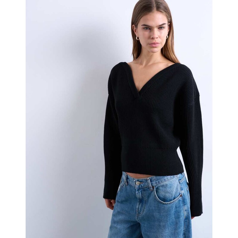 Topshop knitted sweetheart neck cinch waist jumper in black