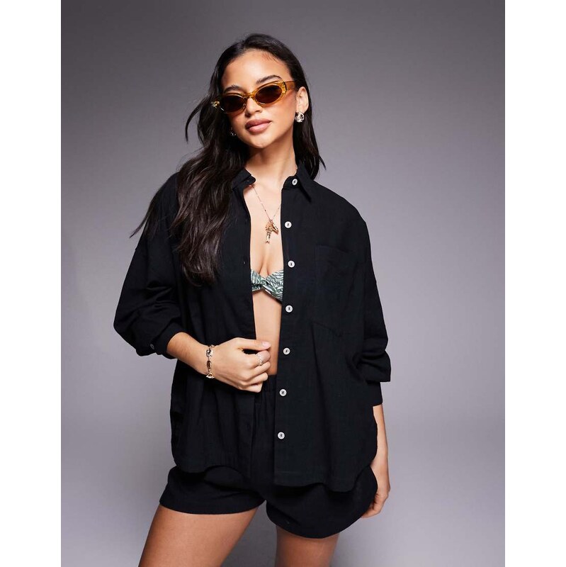ASOS DESIGN Biarritz beach textured cotton shirt co ord in black 115516428
