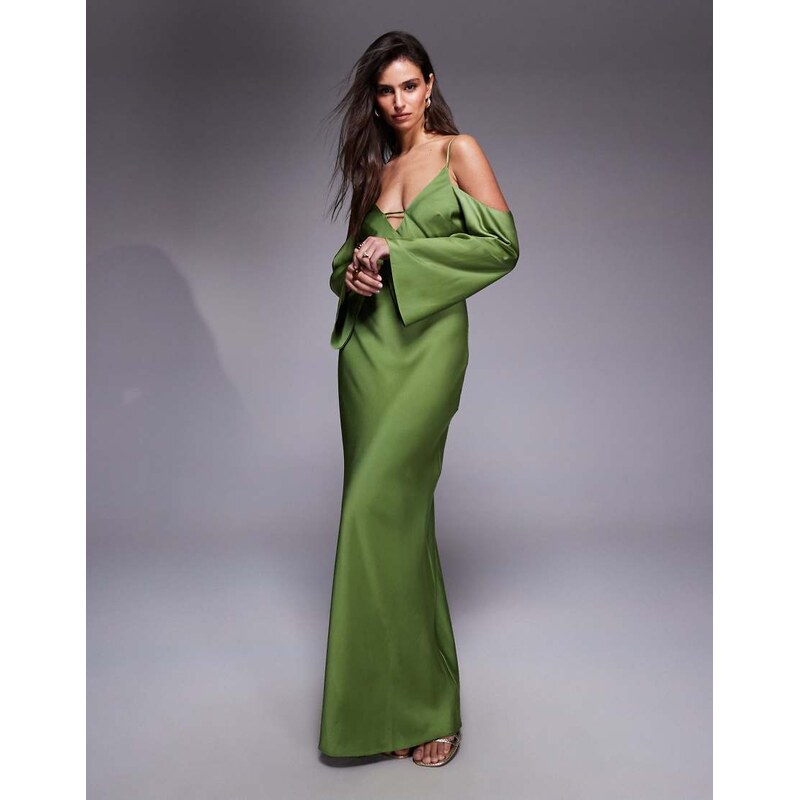 ASOS DESIGN satin long sleeve fallen shoulder cami midi dress in