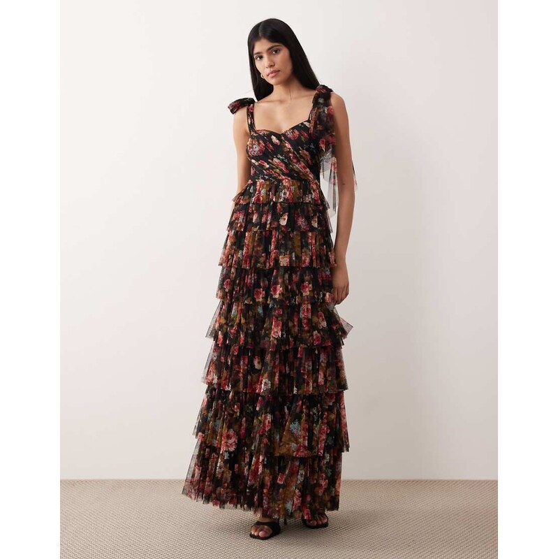 Lace & Beads tulle bow shoulder tiered maxi dress in black