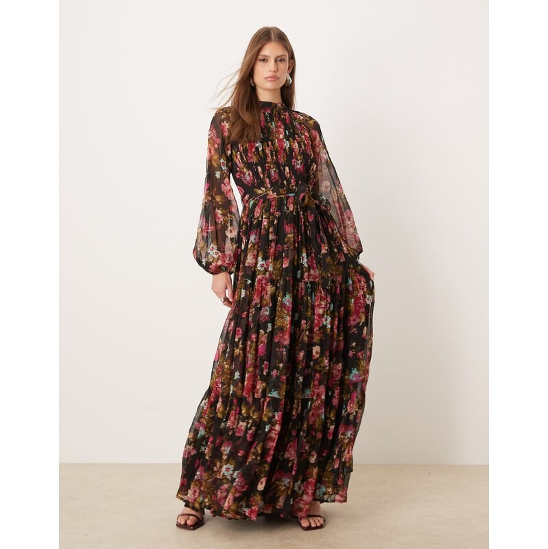 Lace & Beads chiffon sheer balloon sleeve maxi dress in black