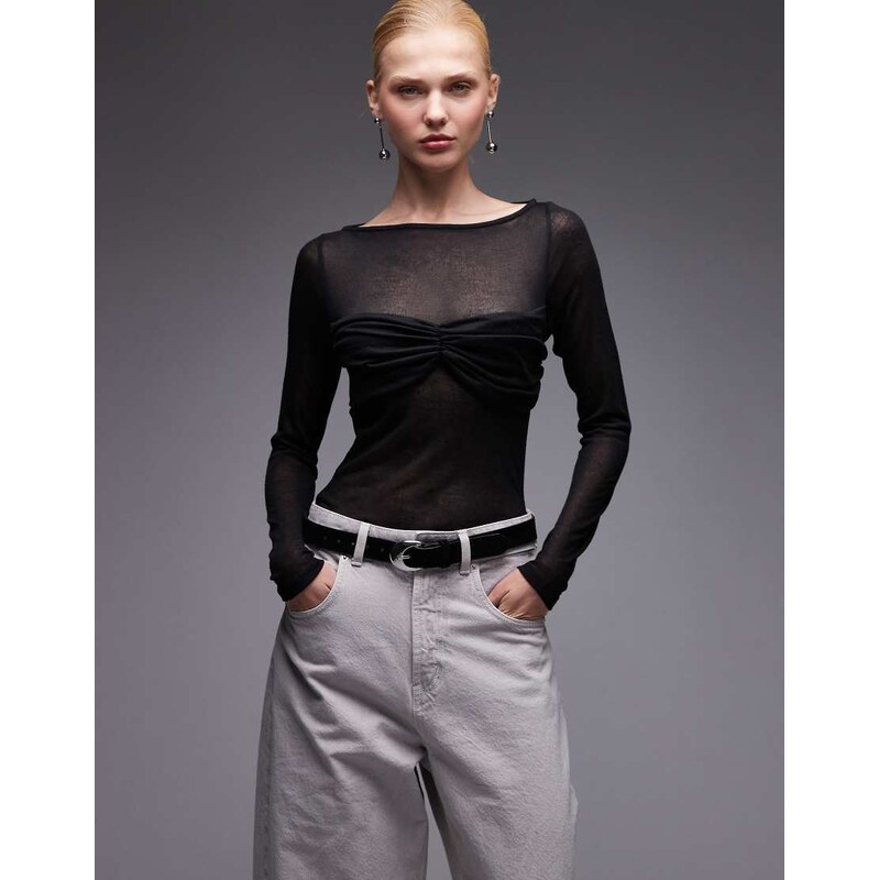 ASOS DESIGN knit-look semi sheer long sleeve top with ruched