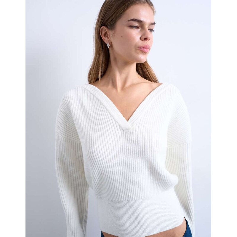 Topshop knitted sweetheart neck cinch waist jumper in ivory-White 111144561