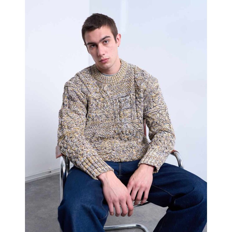 Topman regular fit cable knitted jumper in yellow twist-Grey