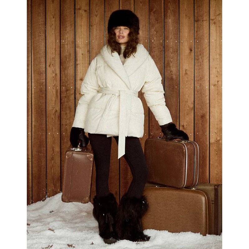 4th & Reckless collared wrap belted puffer jacket in ecru-White 111144315