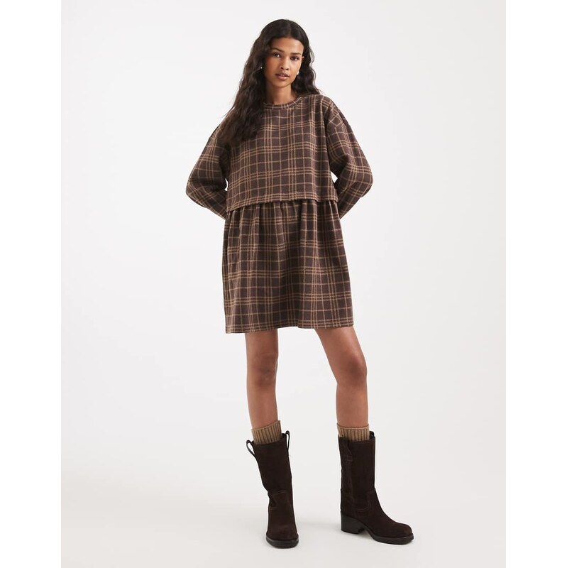 Miss Selfridge check long sleeve layered smock dress-Multi