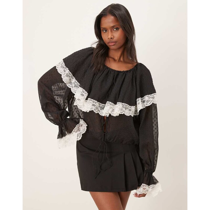 For Love & Lemons June dobby mesh lace trim cape detail blouse