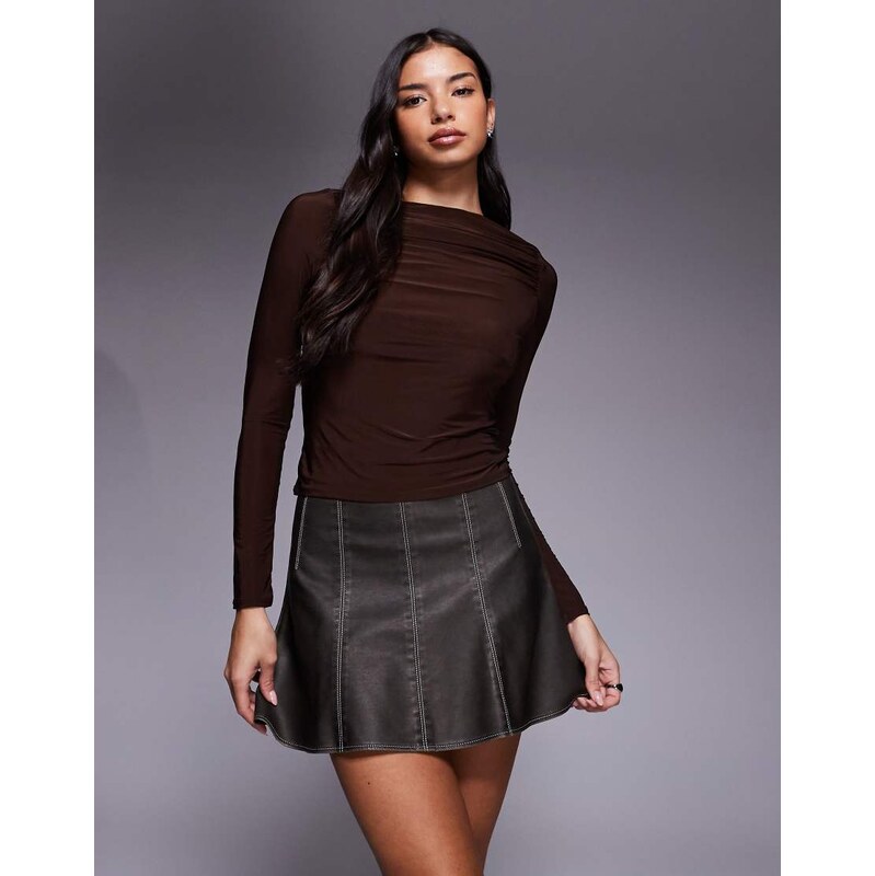ASOS DESIGN faux leather contrast stitch flippy skirt-Grey