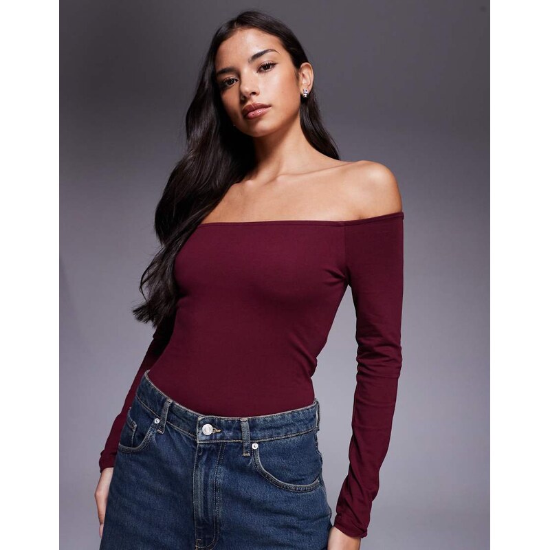 ASOS DESIGN cotton off shoulder bodysuit in burgundy-Red
