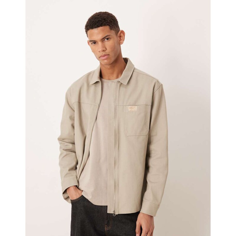 ASOS DESIGN cotton zip through overshirt with chest badge in