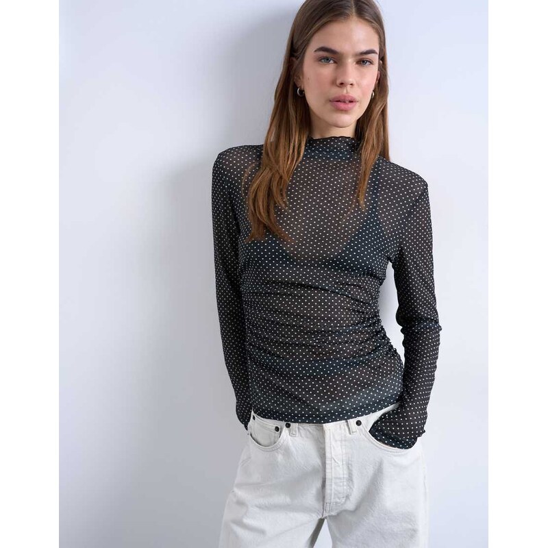 Topshop high neck ruched polka dot print long sleeve top in