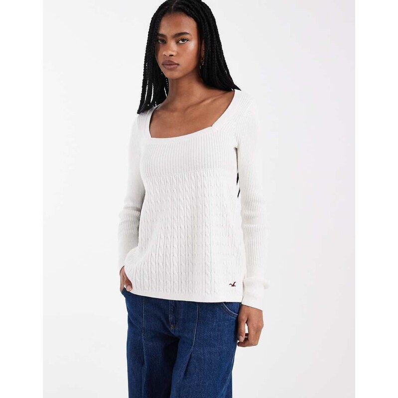 Hollister square neck babydoll cable knit jumper in white 111144361