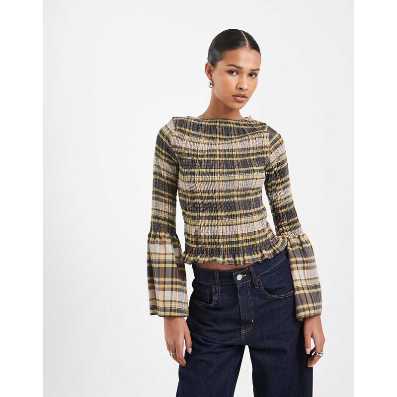 ASOS DESIGN shirred angel sleeve top in dark based check-Multi