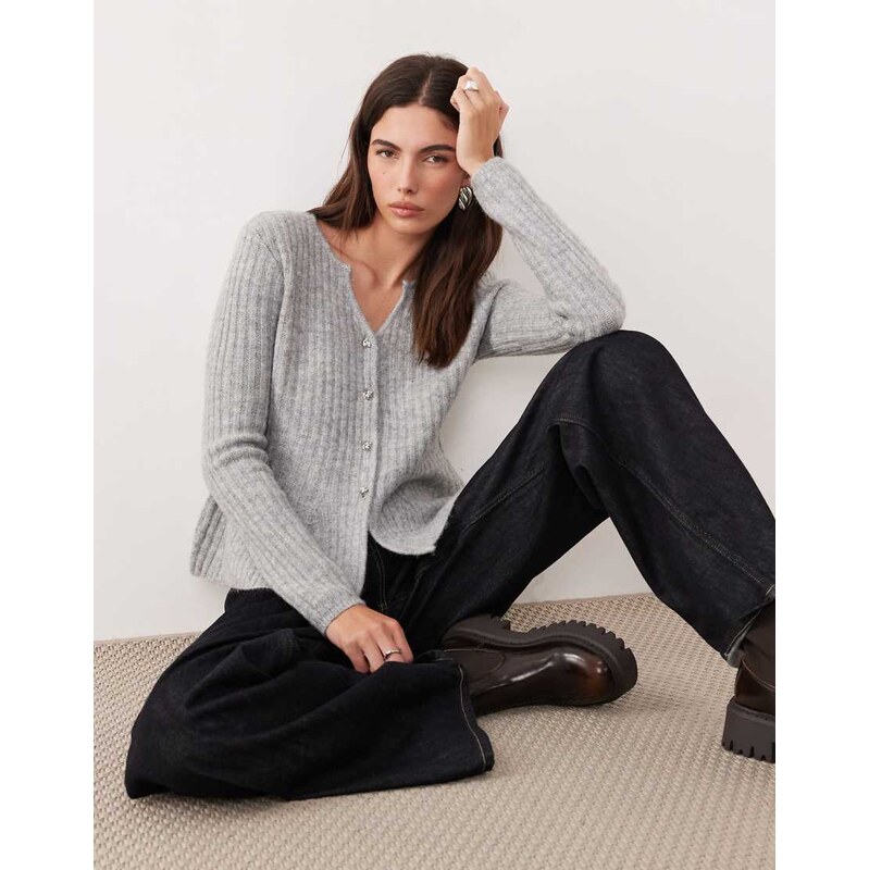 YAS peplum hem structured knitted cardigan in light grey melange