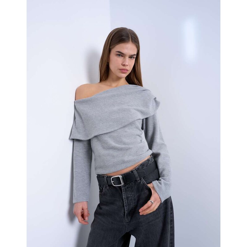 Topshop asymmetric soft touch bardot drape long sleeve top in