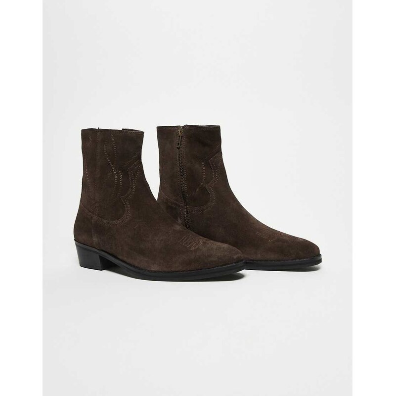 ASOS DESIGN cuban boot brown suede with western stitching
