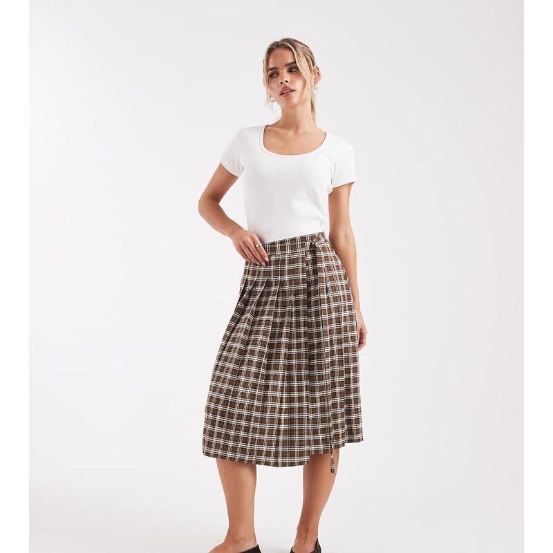 Miss Selfridge Petite tailored pleated midi skirt in check-Multi 115511413