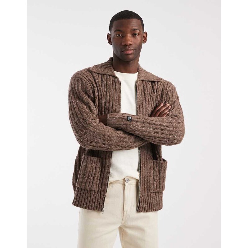 Levis wool rich chunky knit zip through jumper in brown