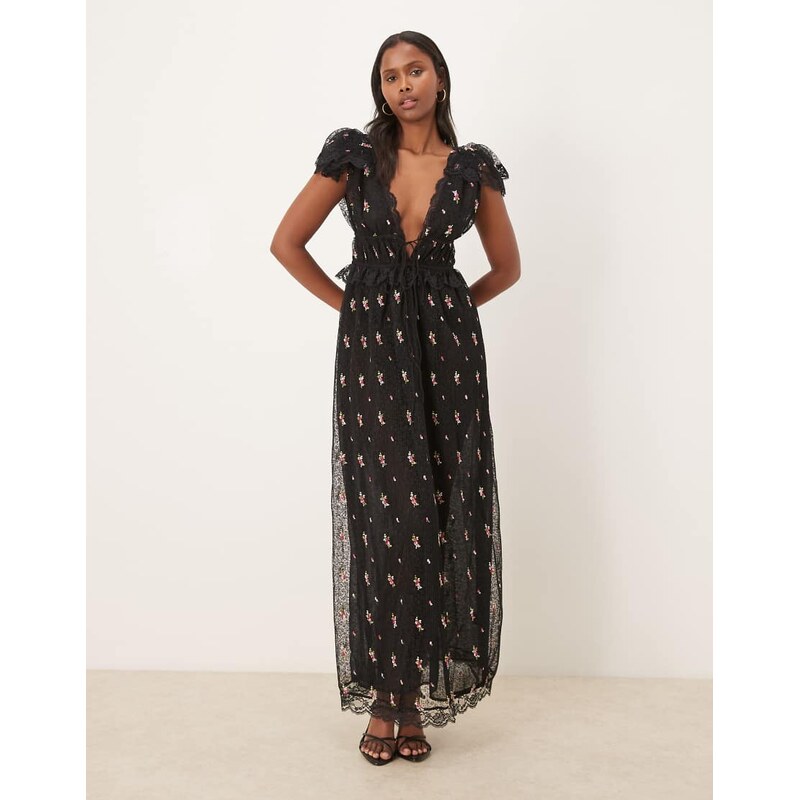 For Love & Lemons Poppy lace plunge neck tie detail embroidered