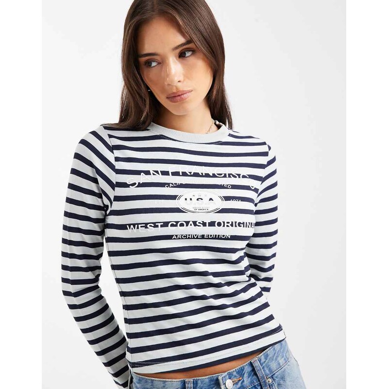 Daisy Street long sleeve graphic top in blue stripe 111148526