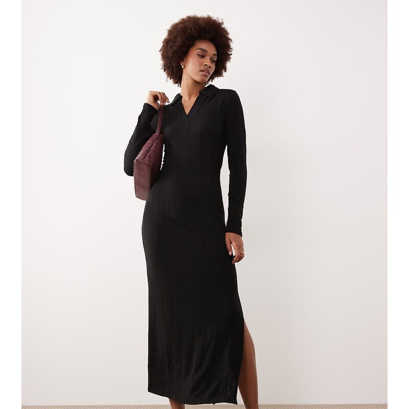 JDY Tall knitted polo maxi dress in black 111148538