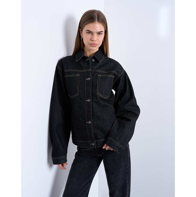 Topshop denim cinch detail shacket in black ecru-Multi