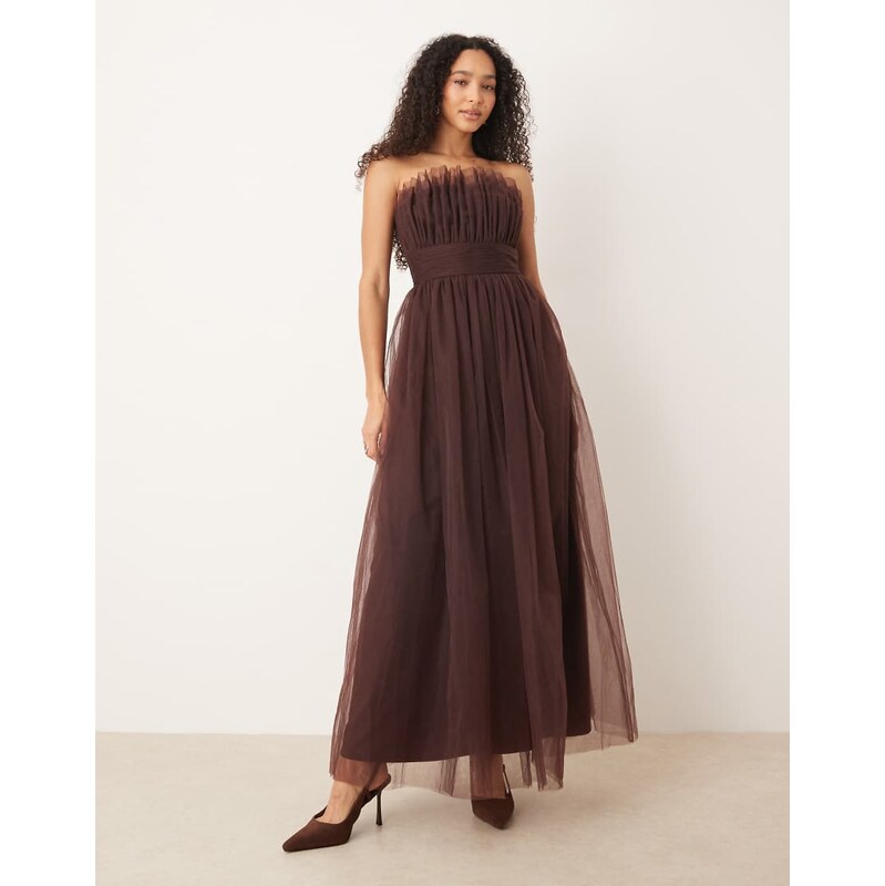 Lace & Beads tulle waistband bandeau maxi dress in chocolate