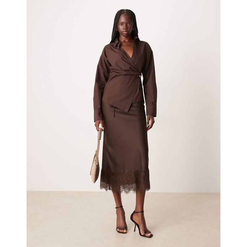 Vila lace trim satin maxi skirt in chocolate brown