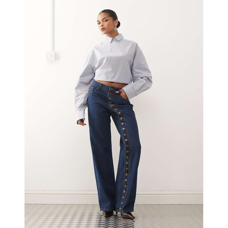Lioness Penny asymmetric button detail relaxed leg jeans in mid