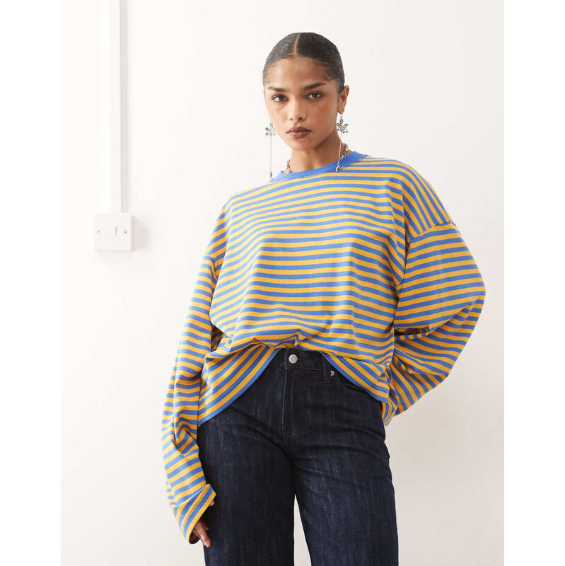 Lioness Bloom cotton blend long sleeve crew neck boxy t-shirt in blue 115519834