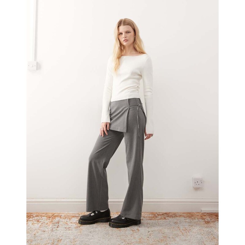 COLLUSION side tie skirt trouser in grey pinstripe-Multi