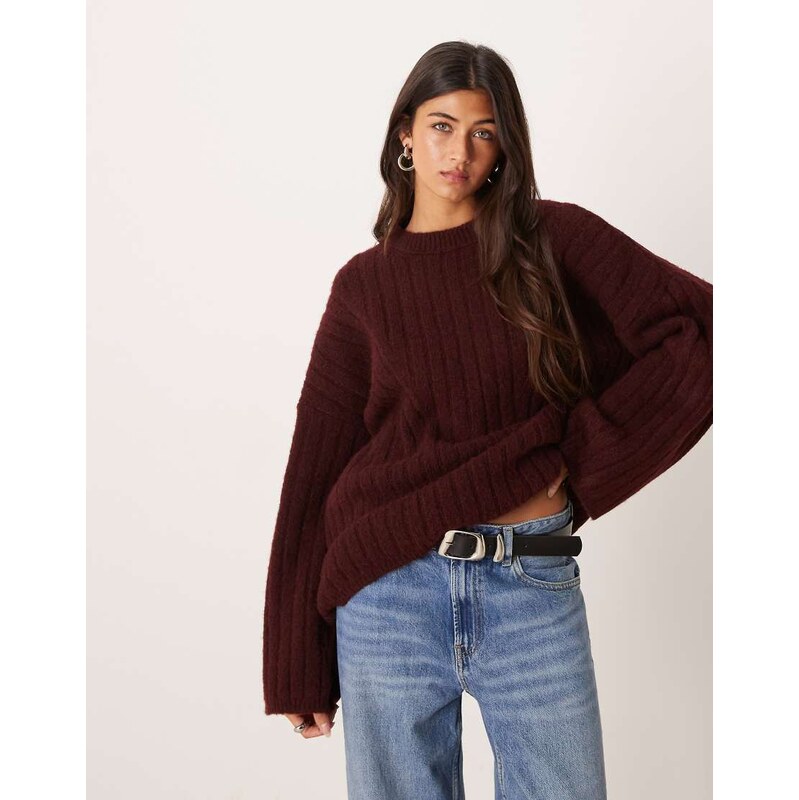 ASOS DESIGN longline crew neck jumper in rib in plum-Purple
