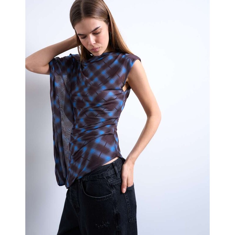 Topshop mesh check print asymmetric one sleeve top in chocolate