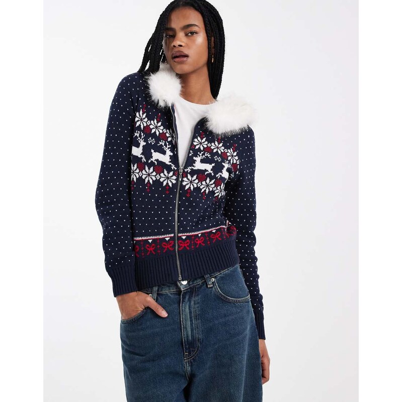Hollister faux fur hood zip through knit jumper in navy fairisle