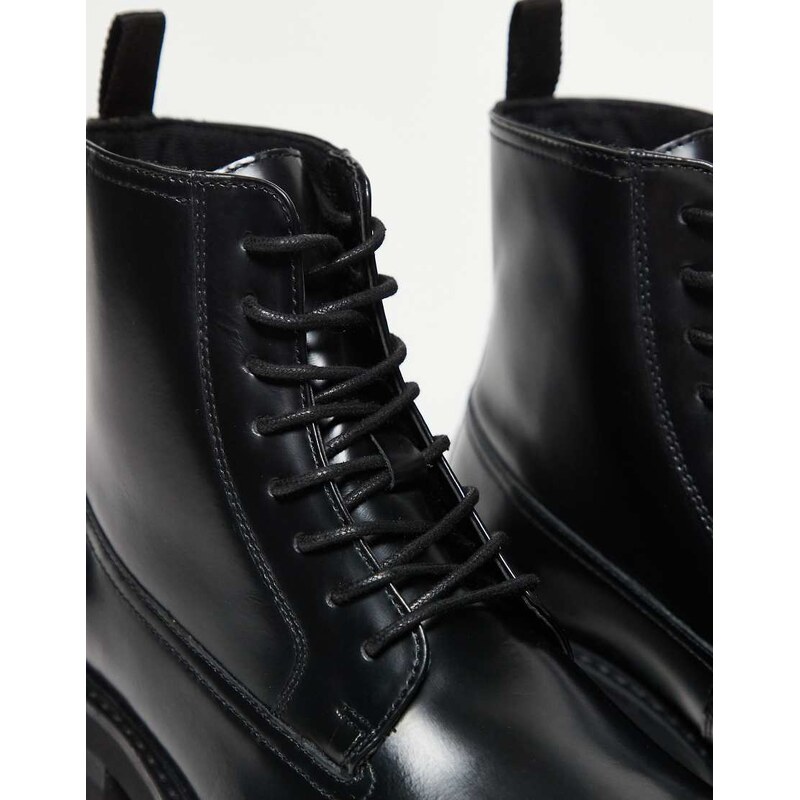 ASOS DESIGN lace up boots in black leather on cleated sole