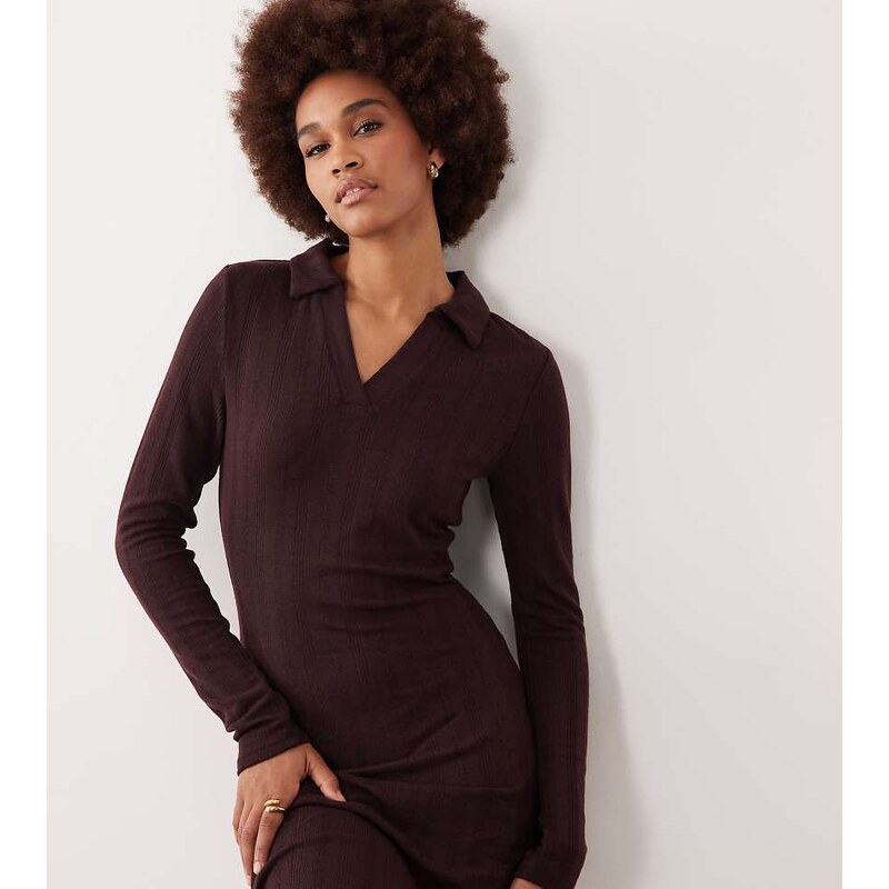 JDY Tall knitted polo maxi dress in chocolate brown