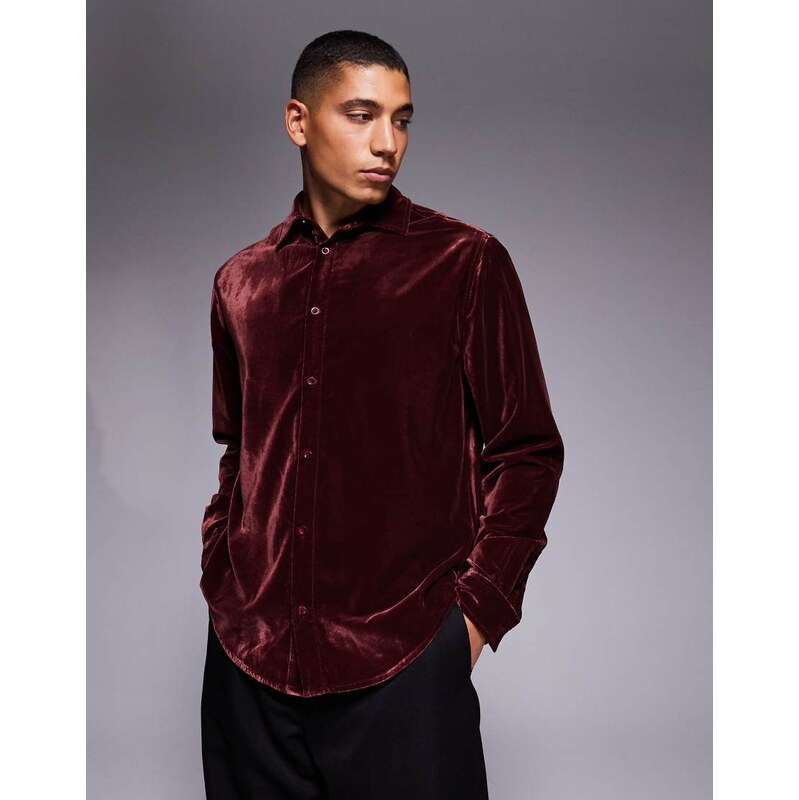 ASOS DESIGN relaxed velvet shirt in burgundy-Red