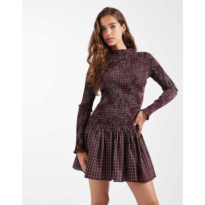 Daisy Street shirred drop waist mini dress in burgundy check