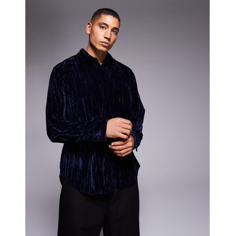 ASOS DESIGN relaxed crinkle velvet shirt in navy