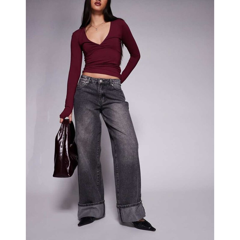 Liquor N Poker cinch midrise turn up baggy denim jeans with