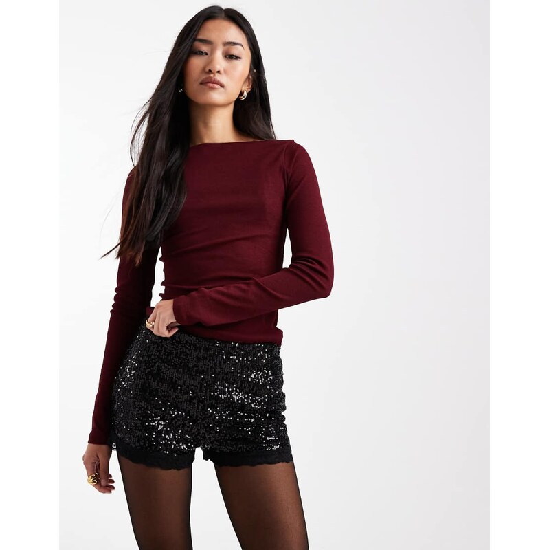 Miss Selfridge sequin lace trim booty short-Black 111155902