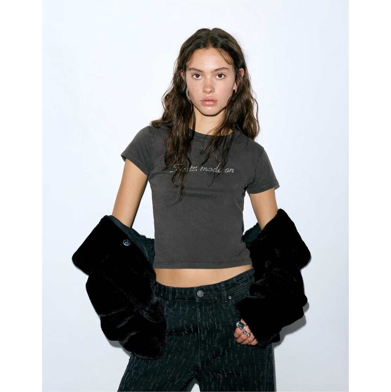 Pull&Bear Black t-shirt with rhinestones in faded black-Grey 111155698