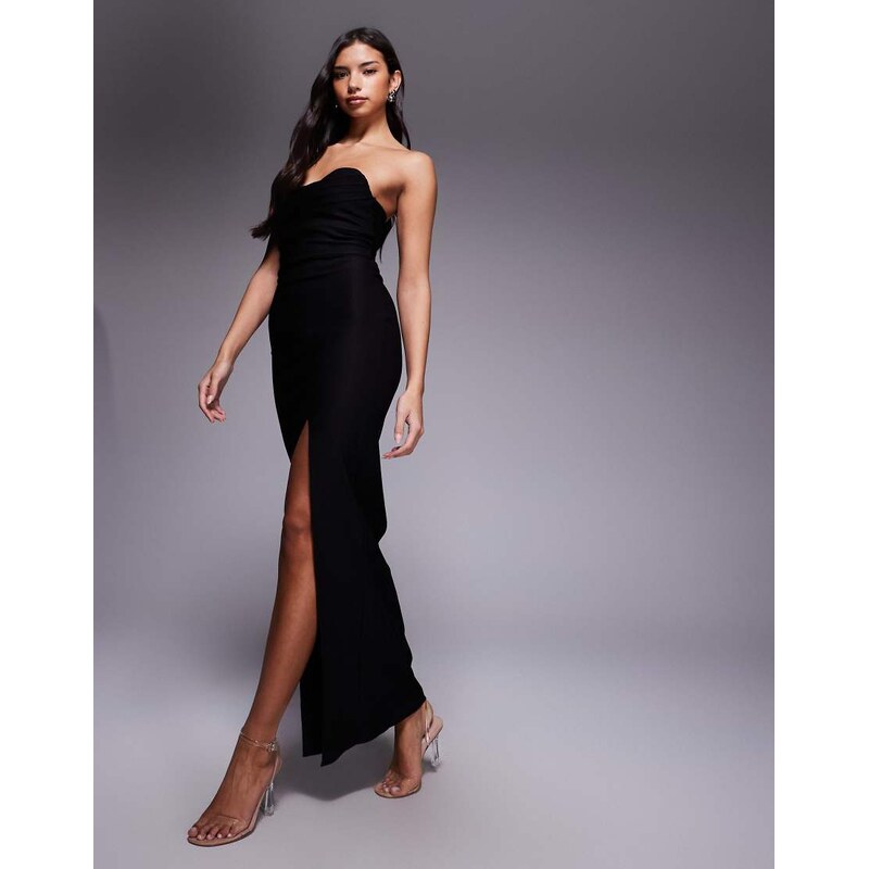 Vesper Bengaline sweetheart bandeau split front maxi dress in black 115519394