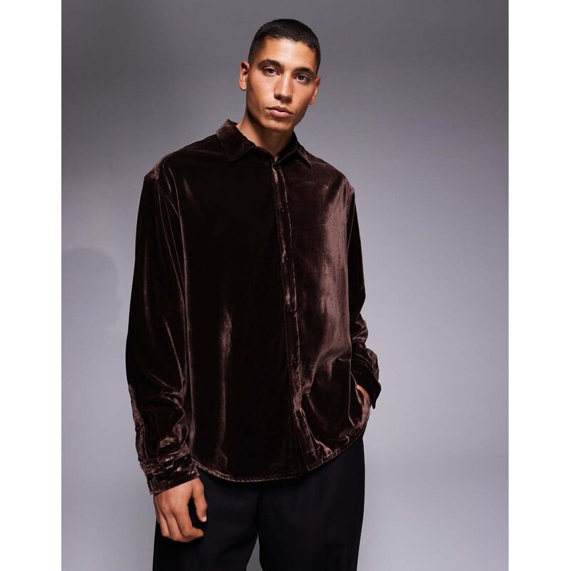 ASOS DESIGN oversized velvet shirt in brown