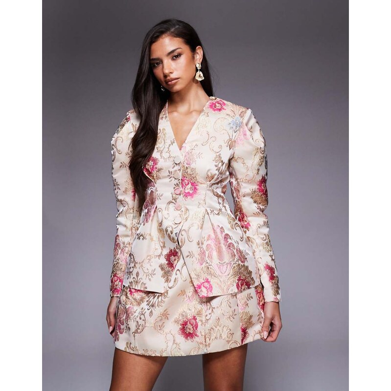 ASOS LUXE co-ord jacquard extreme shoulder cinched blazer in white 115515870