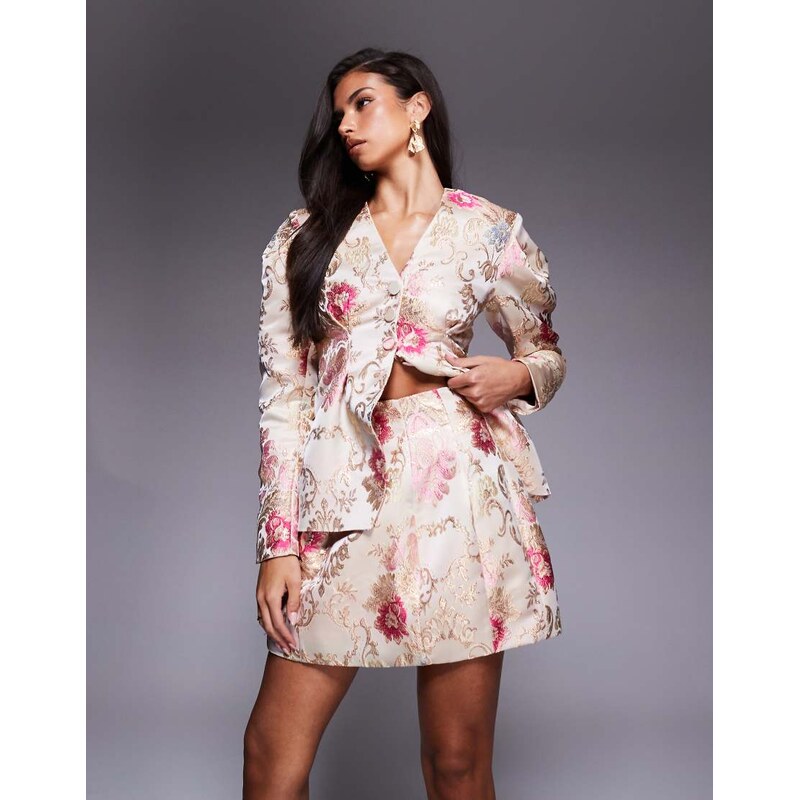 ASOS LUXE co-ord jacquard mini skirt in white floral print-Multi 115515869
