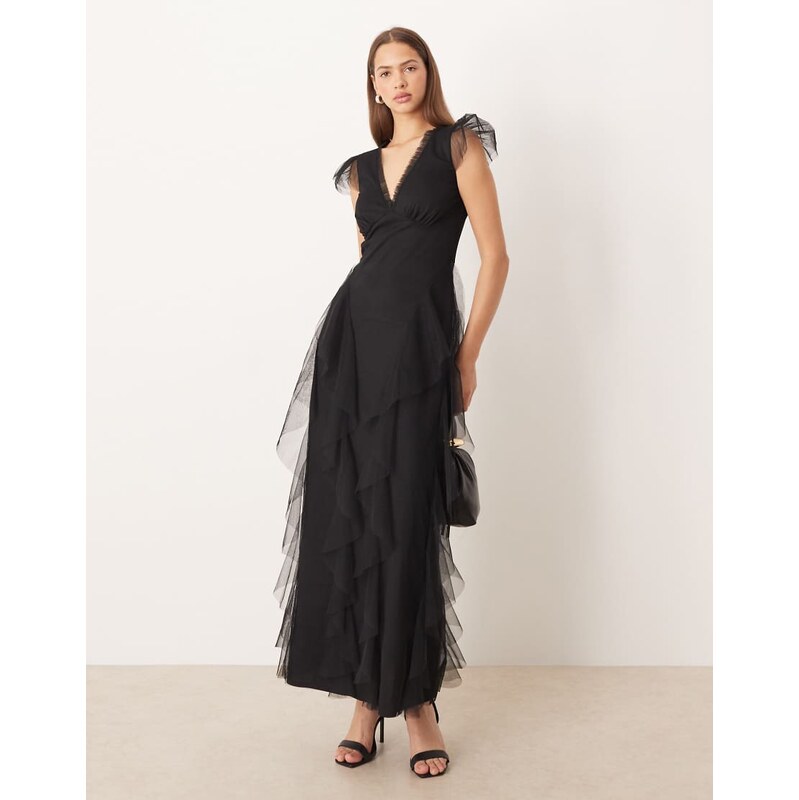 Lace & Beads sheer cap sleeve ruffle maxi dress in black 113263567