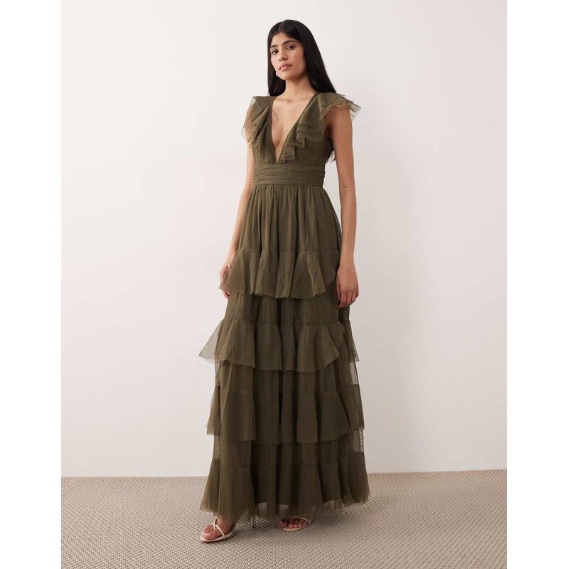 Lace & Beads tulle flutter sleeve tiered frill maxi dress in