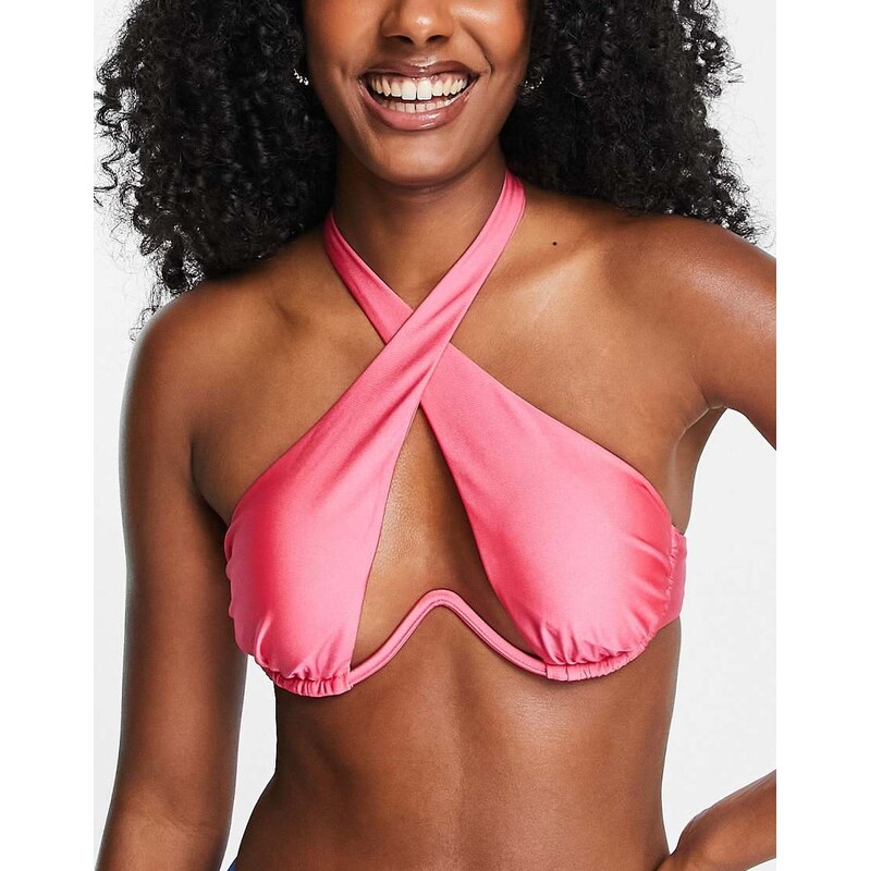 River Island underwire halter wrap bikini top in bright pink 111167882